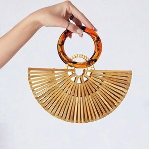 Mia Wynn Fan-shaped Handbag With Bamboo Handle & black liner bag
